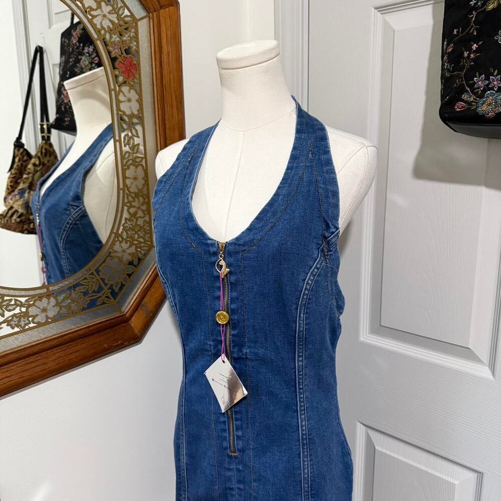 NWT Baby Phat Blue Denim & Gold Hardware Halter Neck Backless Mini Dress M - Picture 2 of 8